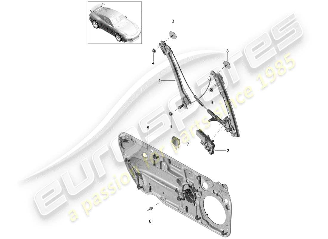 porsche 2019 (991-2 r/gt3/rs) window regulator part diagram