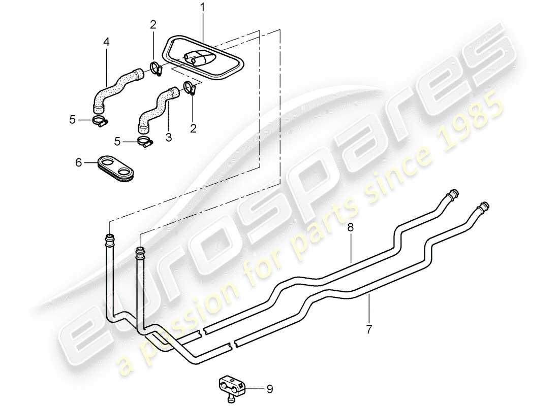porsche 2005 (996 gt3) heating system 1 - feed line - return line part diagram