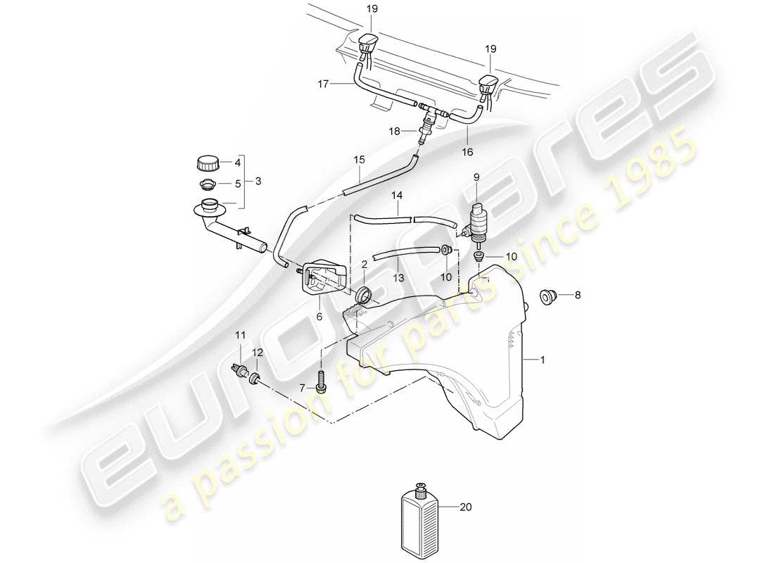 porsche 2008 (997-1 gt3) windshield washer unit part diagram