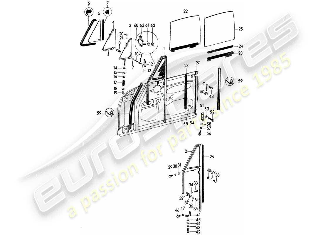 porsche 1961 (356b/356c) window frame - side window - door window - glass channel - door window part diagram