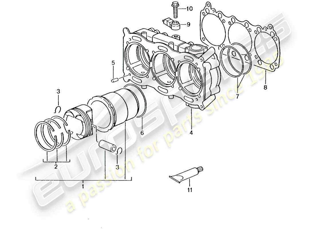 porsche 2001 (996 gt3) cylinder with pistons part diagram