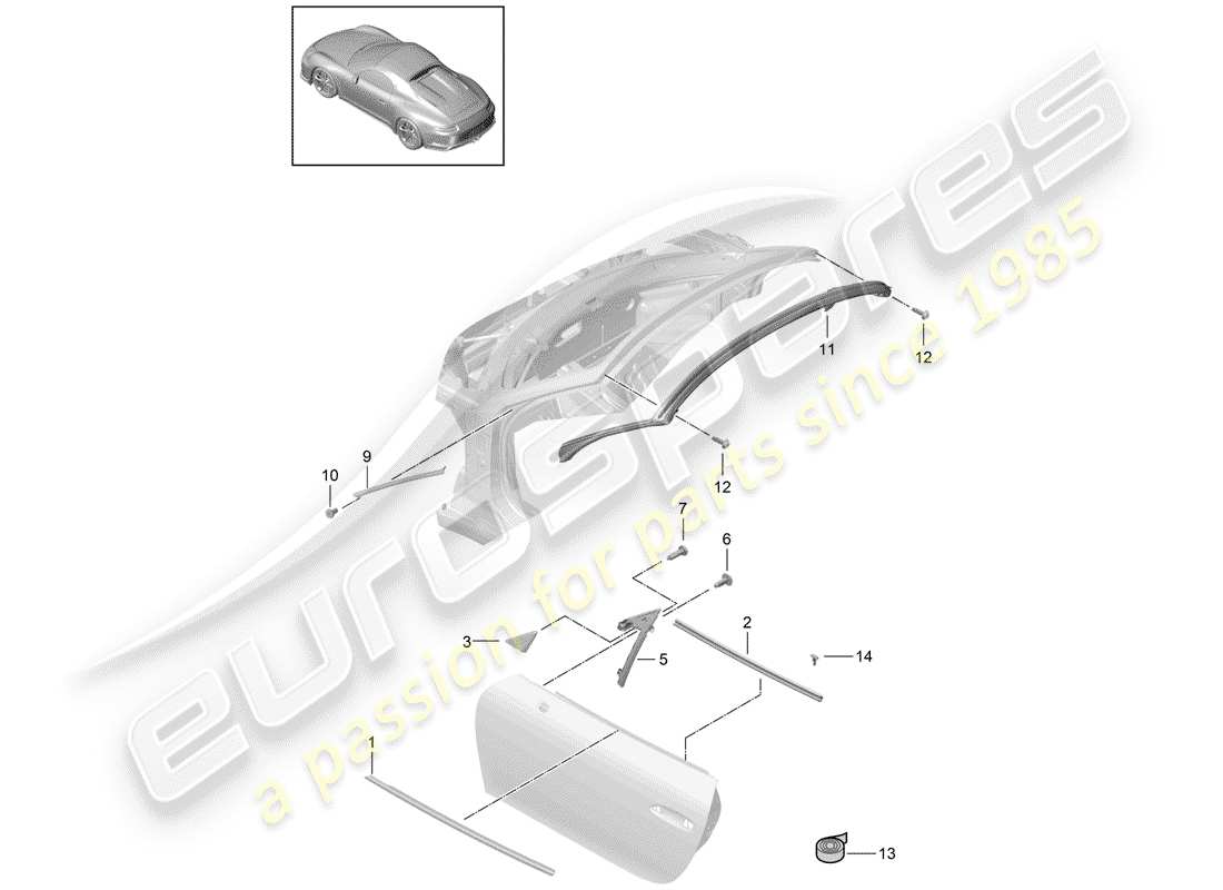 porsche 2019 (991-2 r/gt3/rs) door seal part diagram
