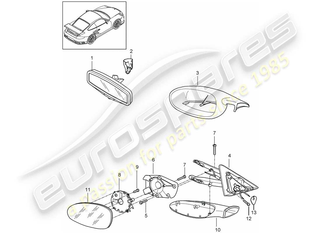 porsche 2011 (997-2 gt3) rear view mirror inner part diagram