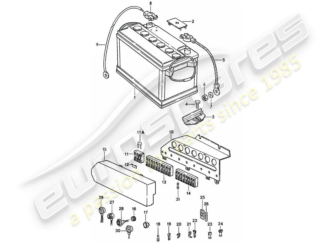 porsche 1979 (911) battery - fuse box parts diagram