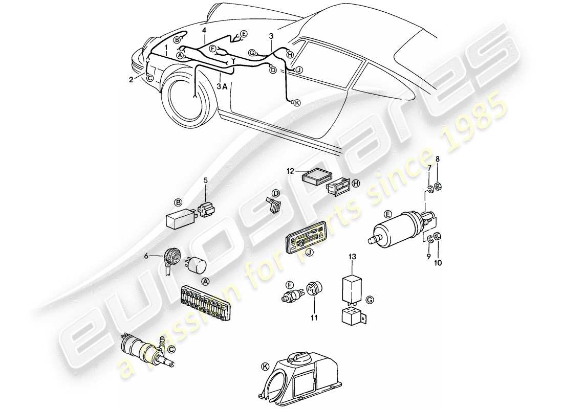 porsche 1984 (911) wiring harnesses - headlight washer system - warning lights - fuel pump part diagram