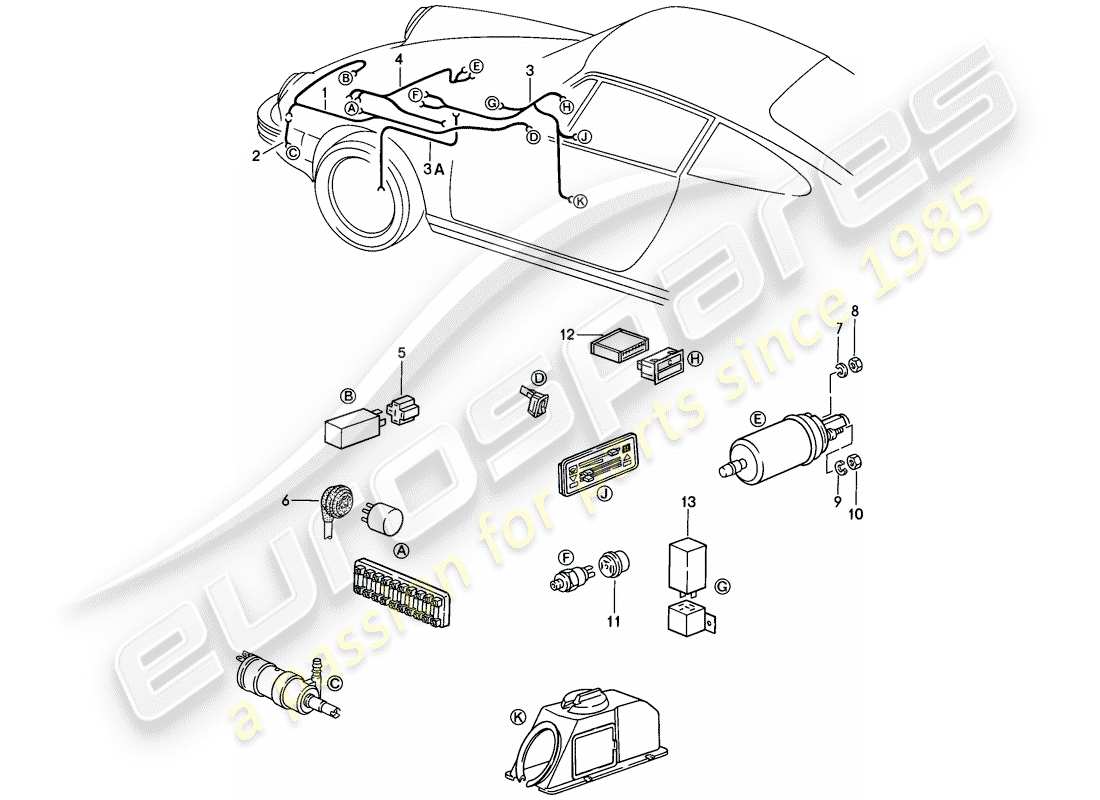 porsche 911 (1984) wiring harnesses - headlight washer system - warning lights - fuel pump parts diagram