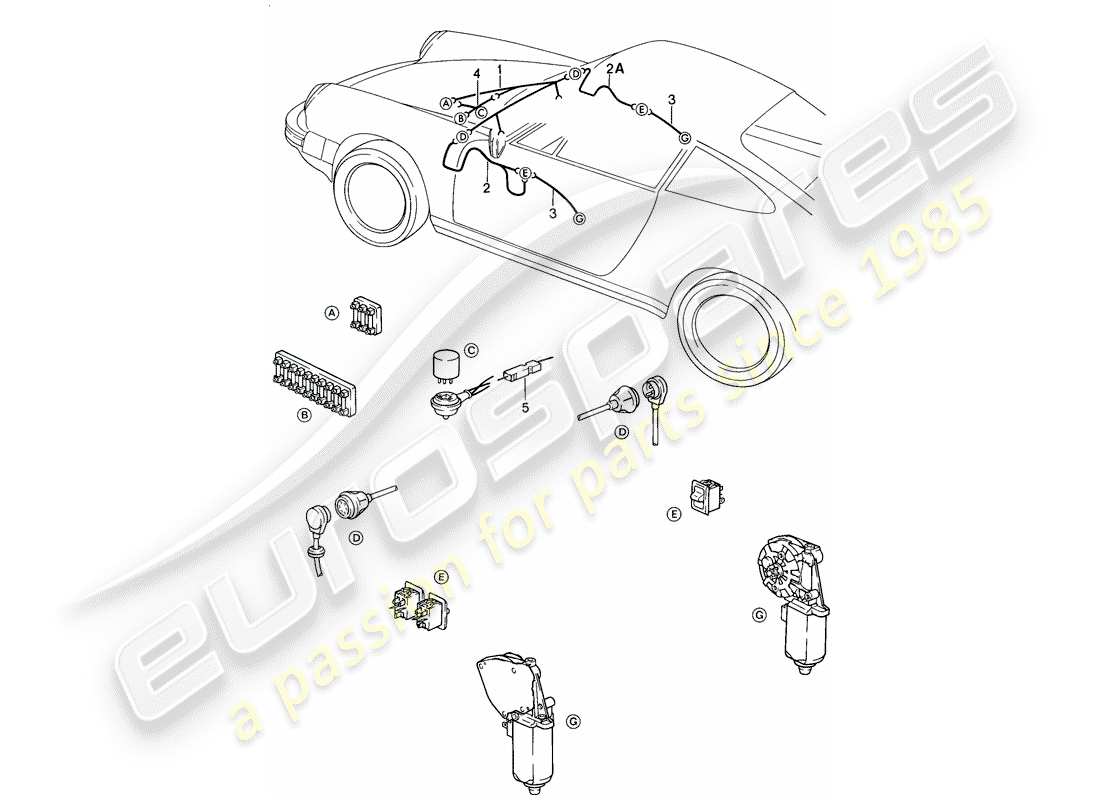 porsche 1986 (911) wiring harnesses - front luggage compartment - power window part diagram