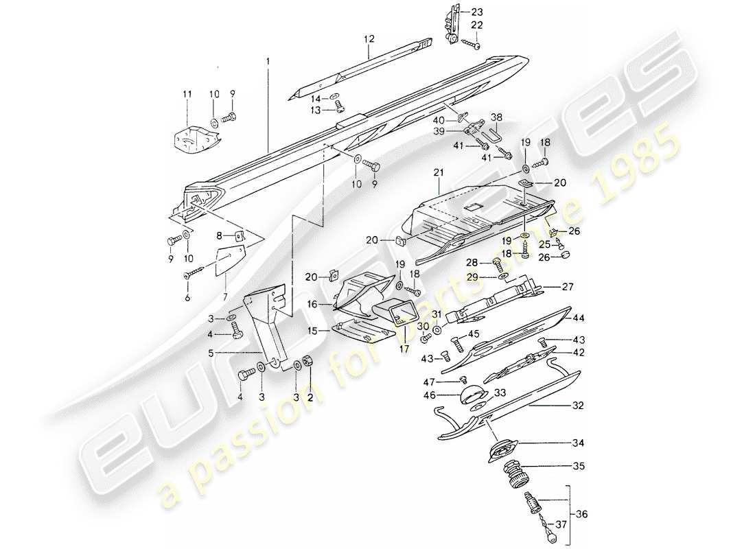 porsche 1993 (964) knee pad trim - airbag - for vehicles with - glove box lid - catch part diagram