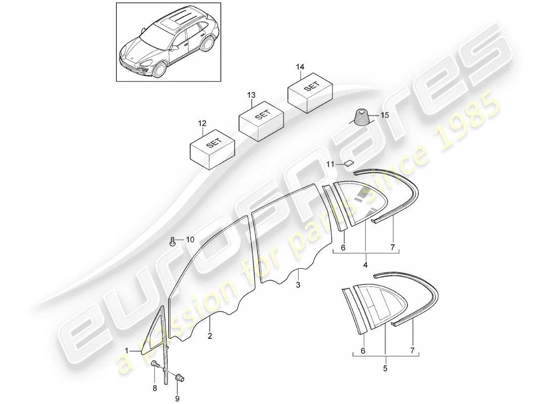 porsche 2014 (cayenne e2 92a) window glasses part diagram