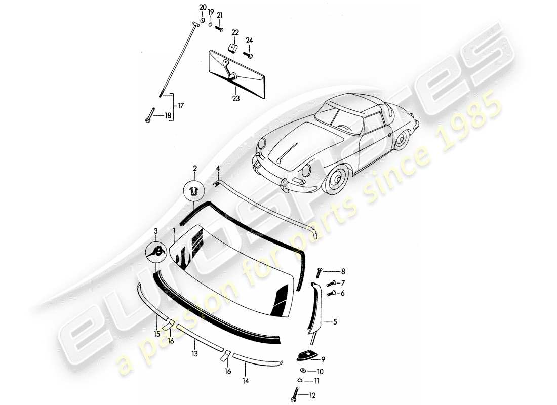 porsche 356b/356c (1960) window glazing parts diagram