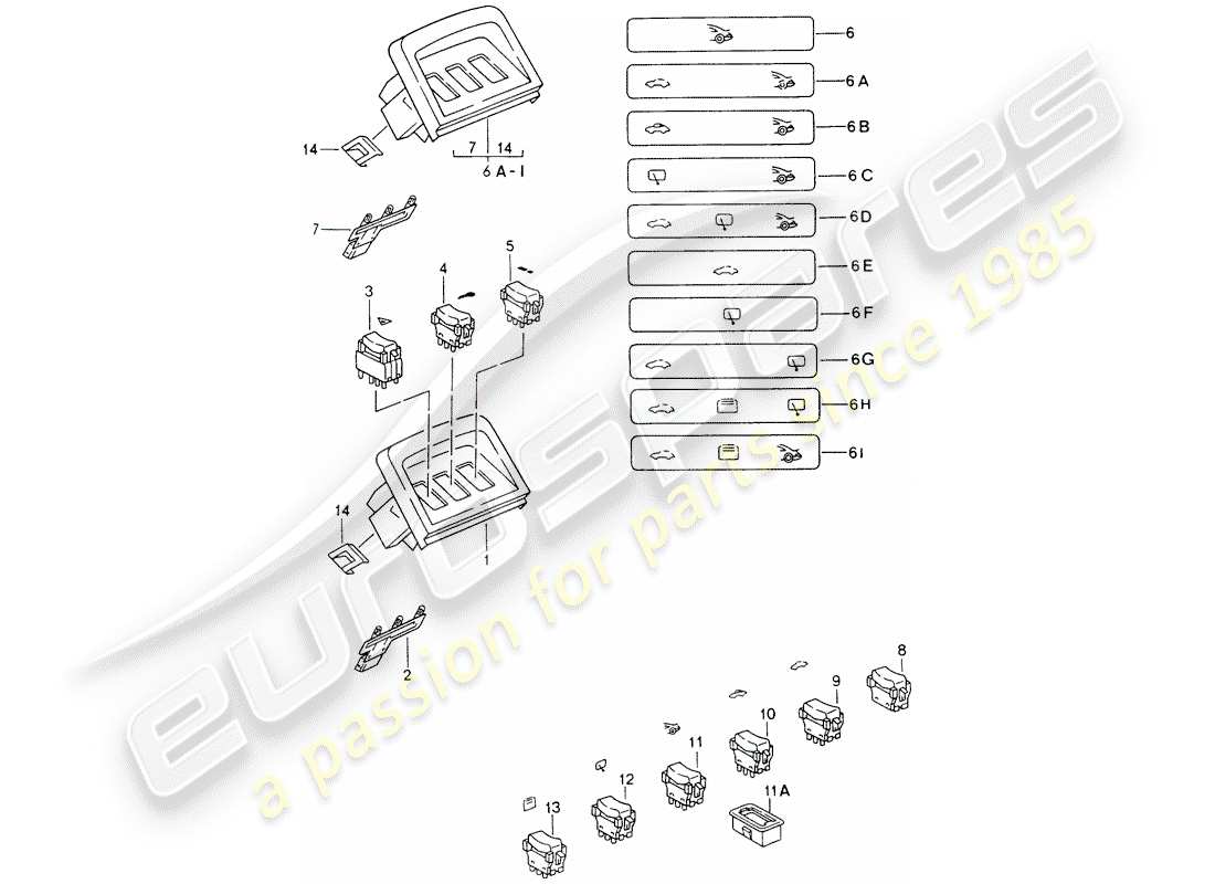 porsche 1998 (993) trim - switch - center console parts diagram