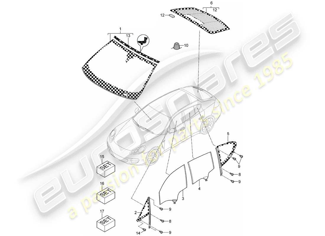 porsche 2014 (panamera 970) window glazing part diagram