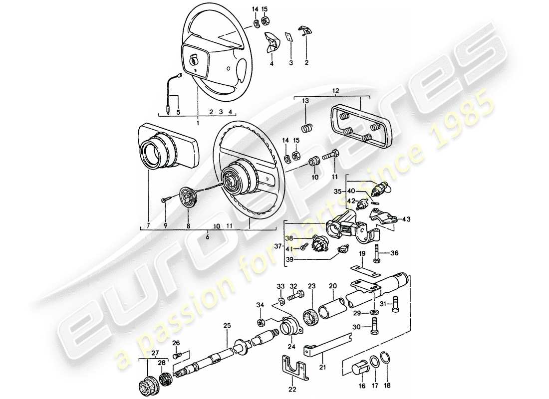 porsche 1991 (944) steering wheel - steering column - steering lock part diagram