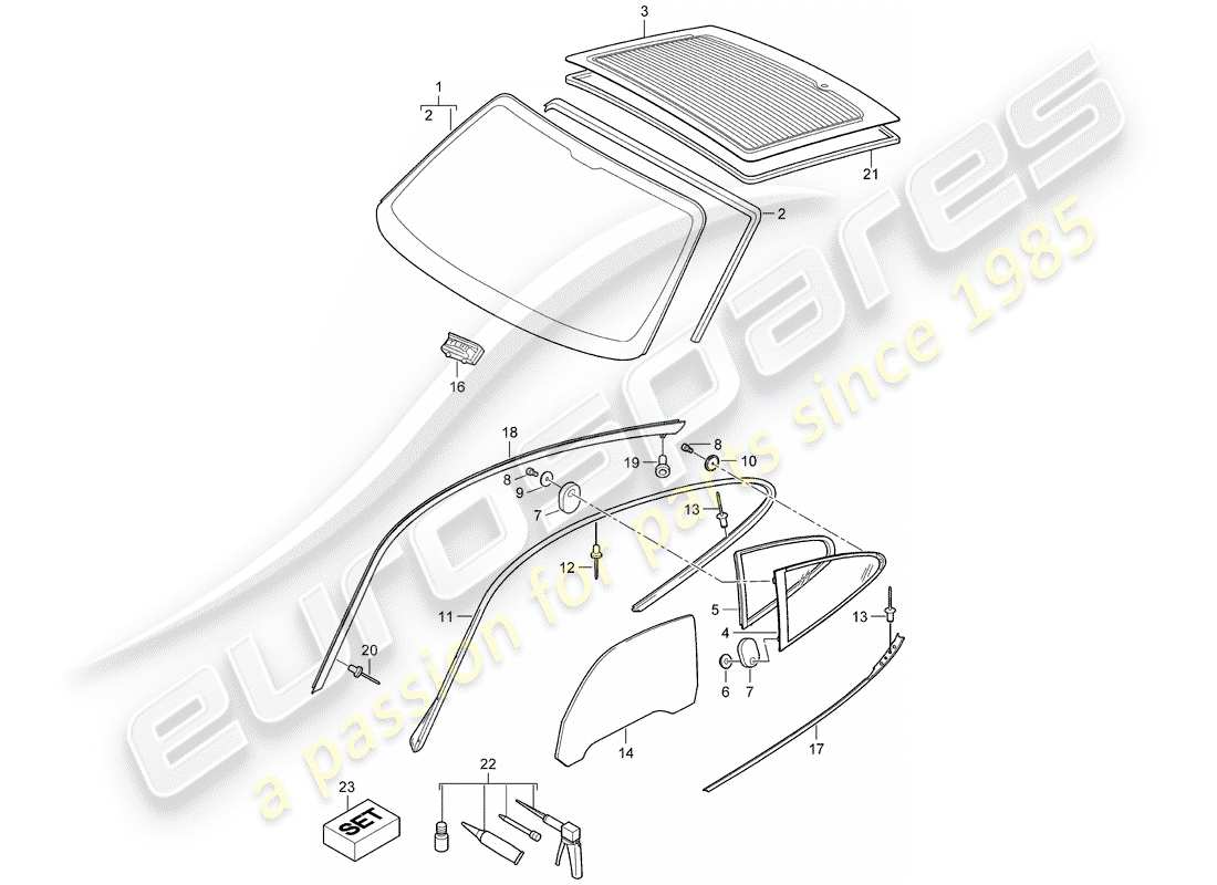 porsche 2005 (997-1) window glazing part diagram
