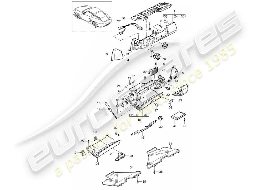 porsche 2009 (987 cayman) glove box part diagram