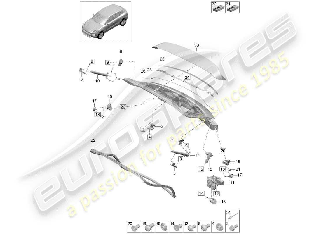 porsche 2020 (macan) rear trunk lid parts diagram
