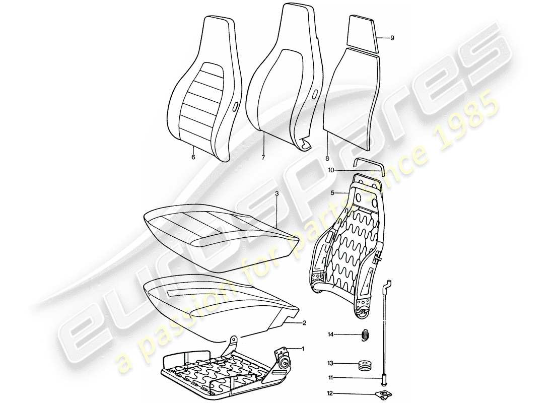 porsche 1974 (911) front seat - single parts part diagram