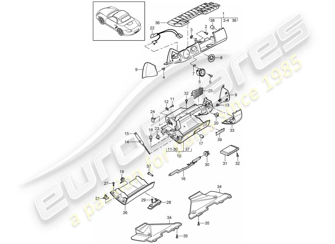 porsche 2012 (987 boxster) glove box part diagram