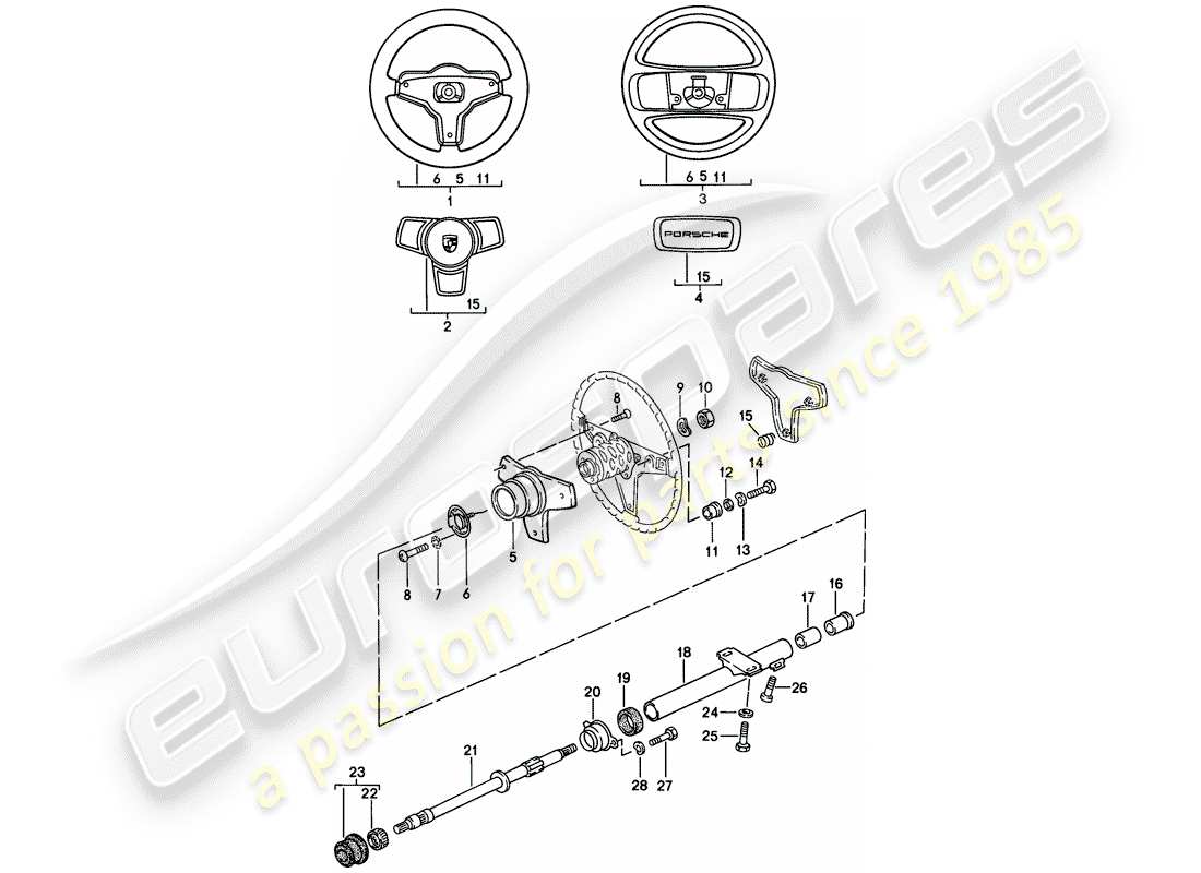 porsche 1982 (944) steering wheel - steering column parts diagram