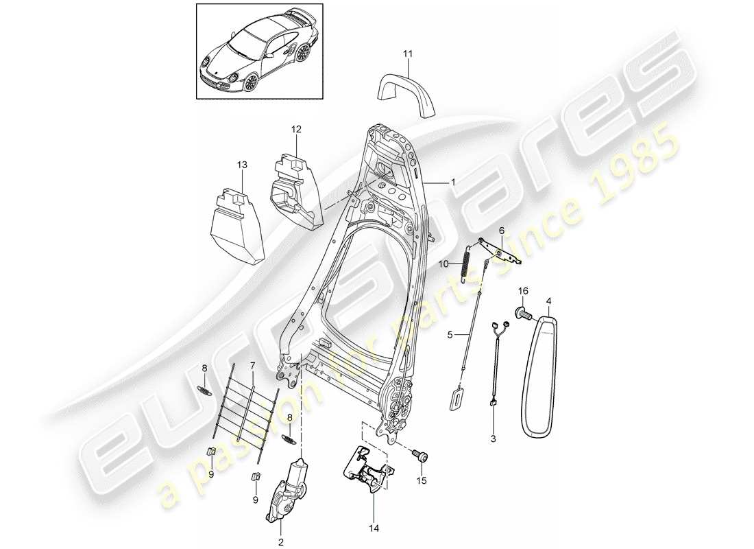 porsche 2011 (997-2 turbo / gt2 rs) backrest frame part diagram