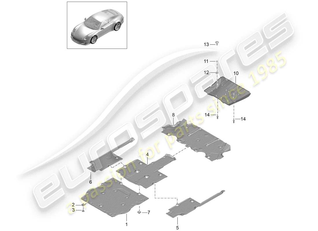 porsche 2014 (991-1 r/gt3/rs) underbody lining part diagram