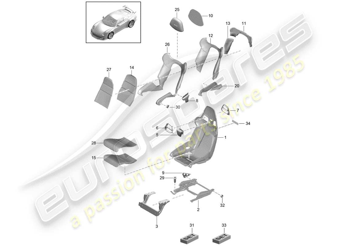 porsche 991r/gt3/rs (2014) seat parts diagram