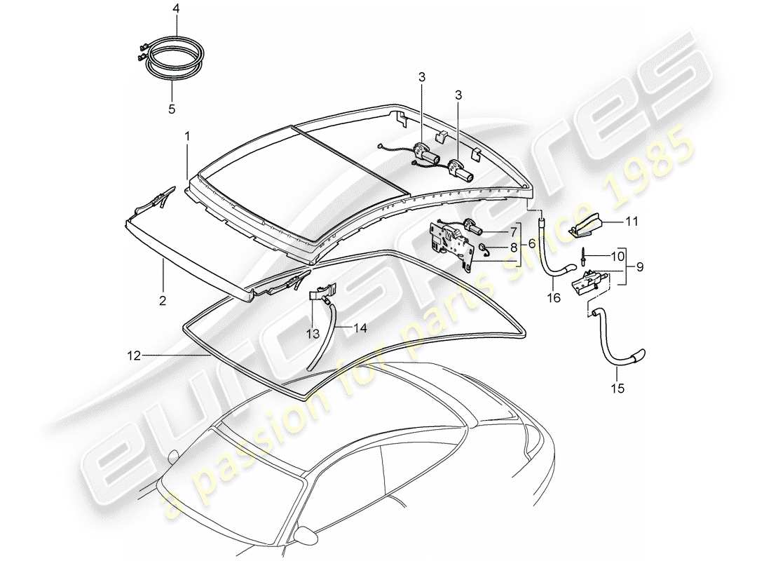 porsche 2005 (996) glass roof part diagram