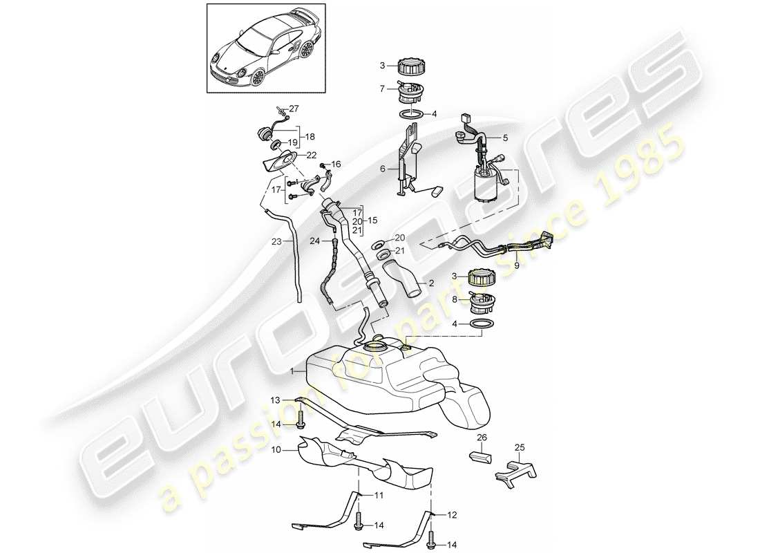 porsche 911 t/gt2rs (2013) fuel tank parts diagram