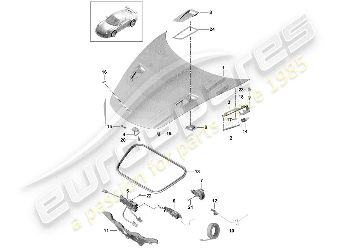 porsche 2019 (991-2 r/gt3/rs) hood part diagram