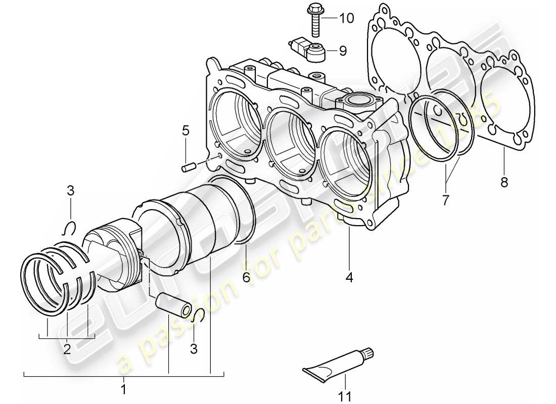porsche 2007 (997-1 gt3) cylinder with pistons part diagram