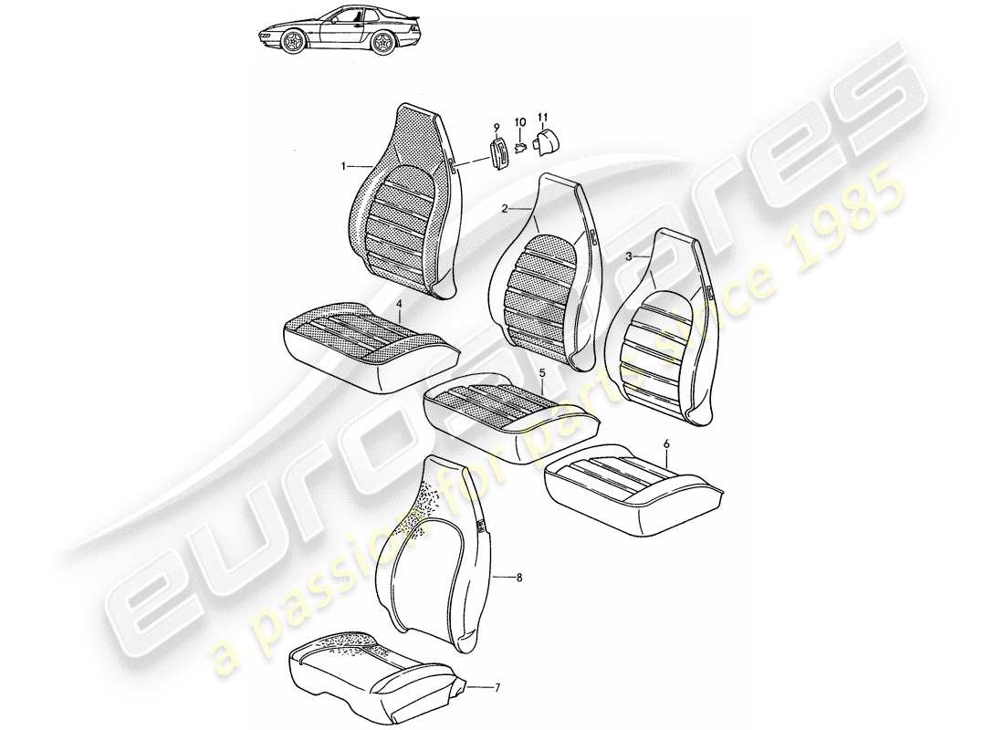 porsche seat 944/968/911/928 (1989) cover - front seat - d - mj 1992>> - mj 1993 parts diagram