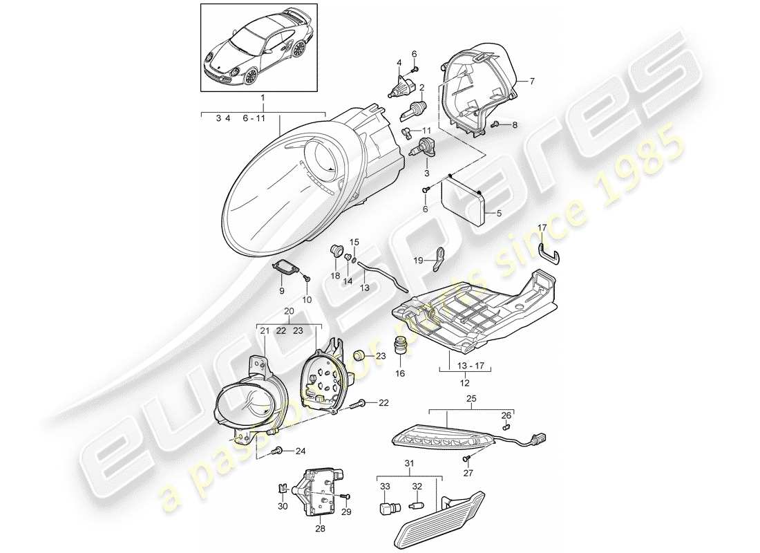 porsche 2012 (997-2 turbo / gt2 rs) headlamp part diagram