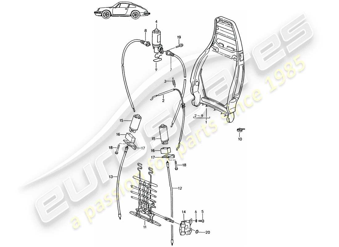 porsche seat 944/968/911/928 (1996) backrest frame - manually - electric - lumbar support - d - mj 1987>> - mj 1989 part diagram