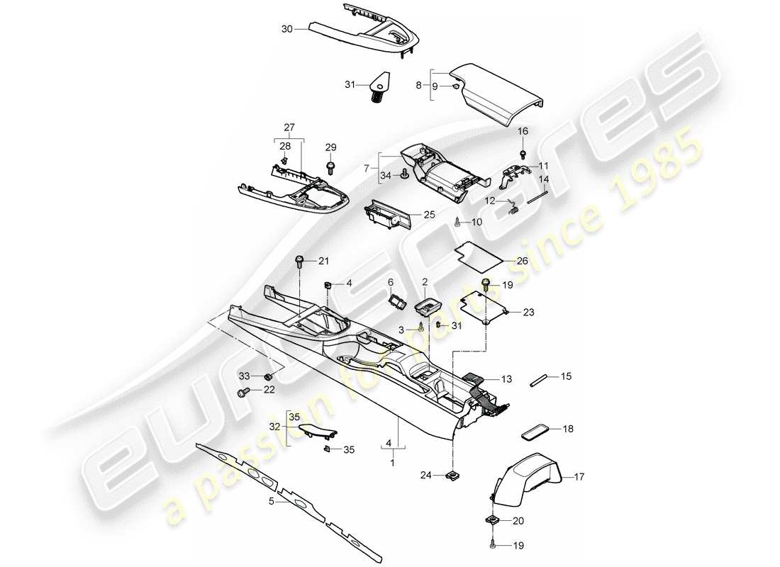 porsche 2008 (997-1 turbo / gt2) center console part diagram