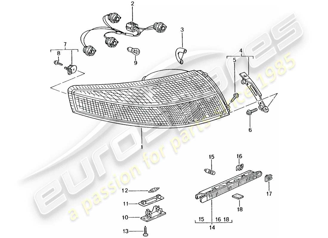 porsche 2003 (996 turbo / gt2) rear light - license plate light - additional brake light part diagram
