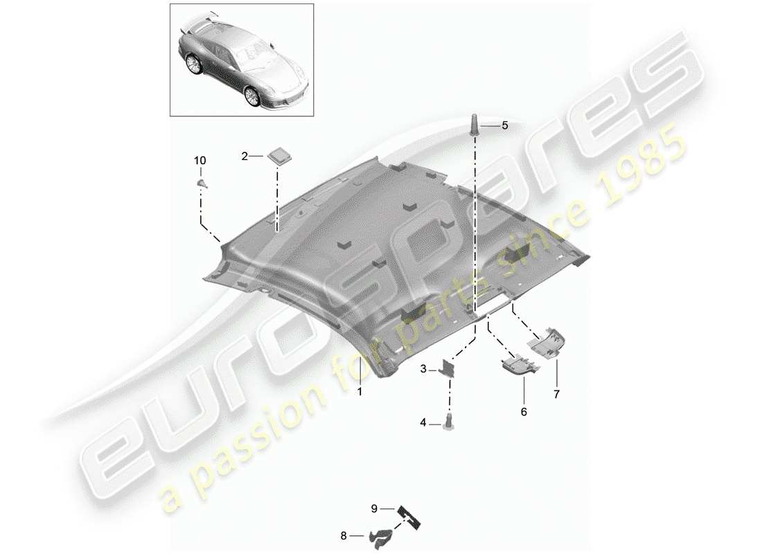 porsche 2020 (991-2 r/gt3/rs) roof trim panel part diagram