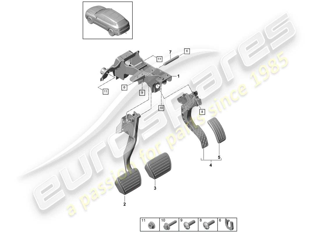 porsche 2018 (cayenne e3 9ya/9yb) brake and acc. pedal assembly part diagram