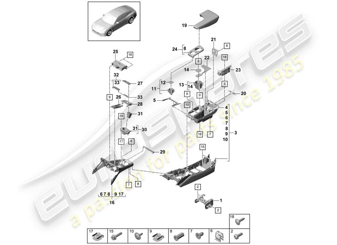 porsche 2020 (panamera 971-1) center console part diagram