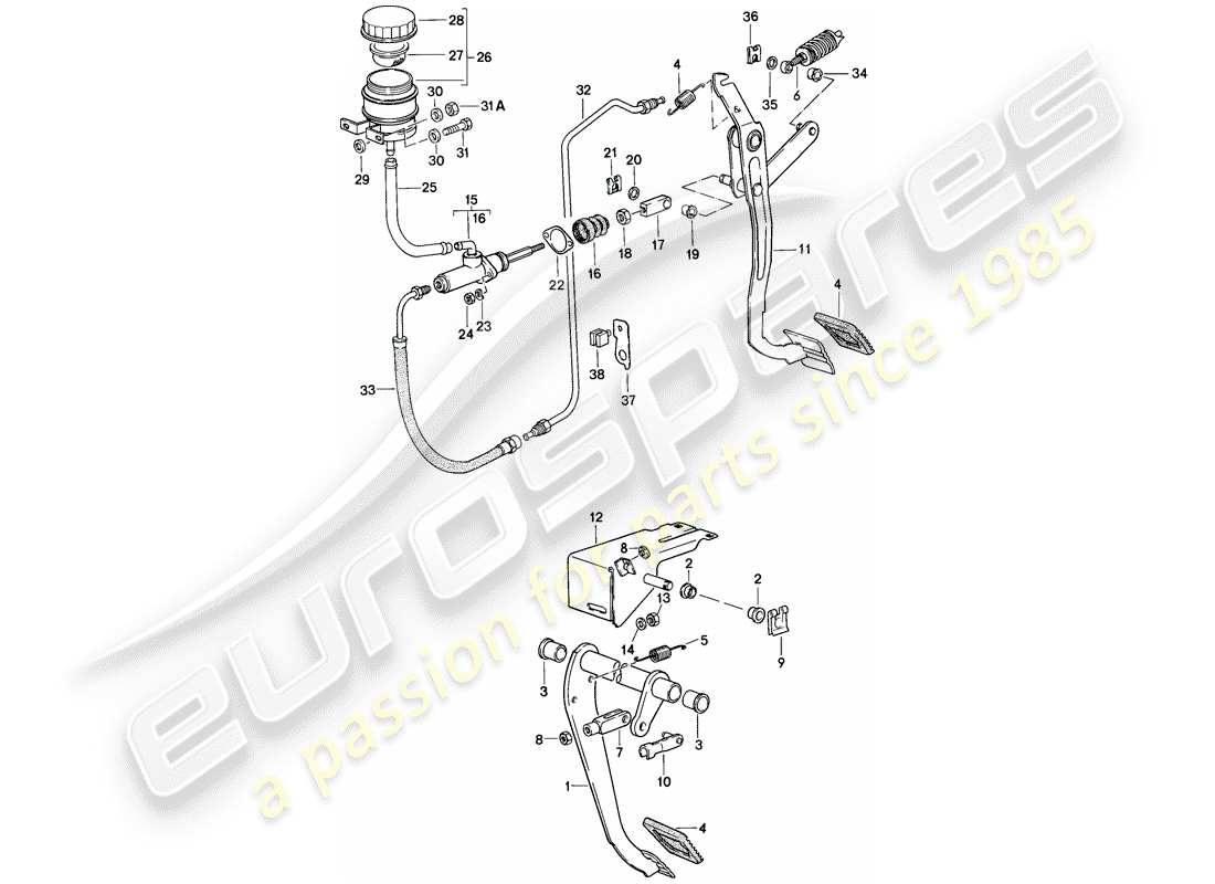 porsche 944 (1988) brake - clutch - pedals parts diagram