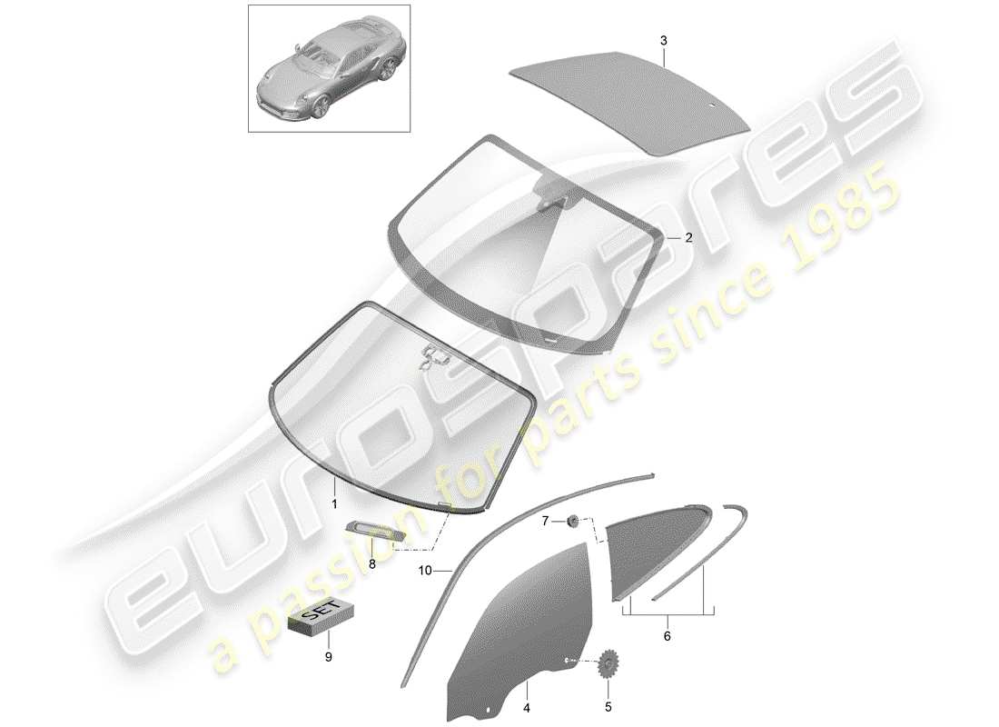 porsche 2020 (991-2 turbo) windshield glass part diagram