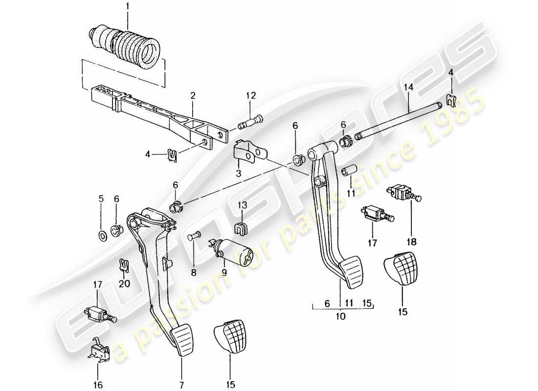 porsche boxster 986 (1999) brake and acc. pedal assembly parts diagram