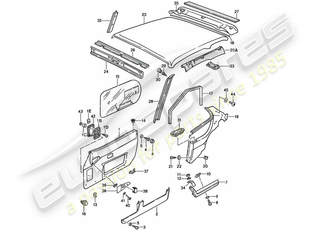 porsche 1988 (944) door panel - roof trim panel part diagram