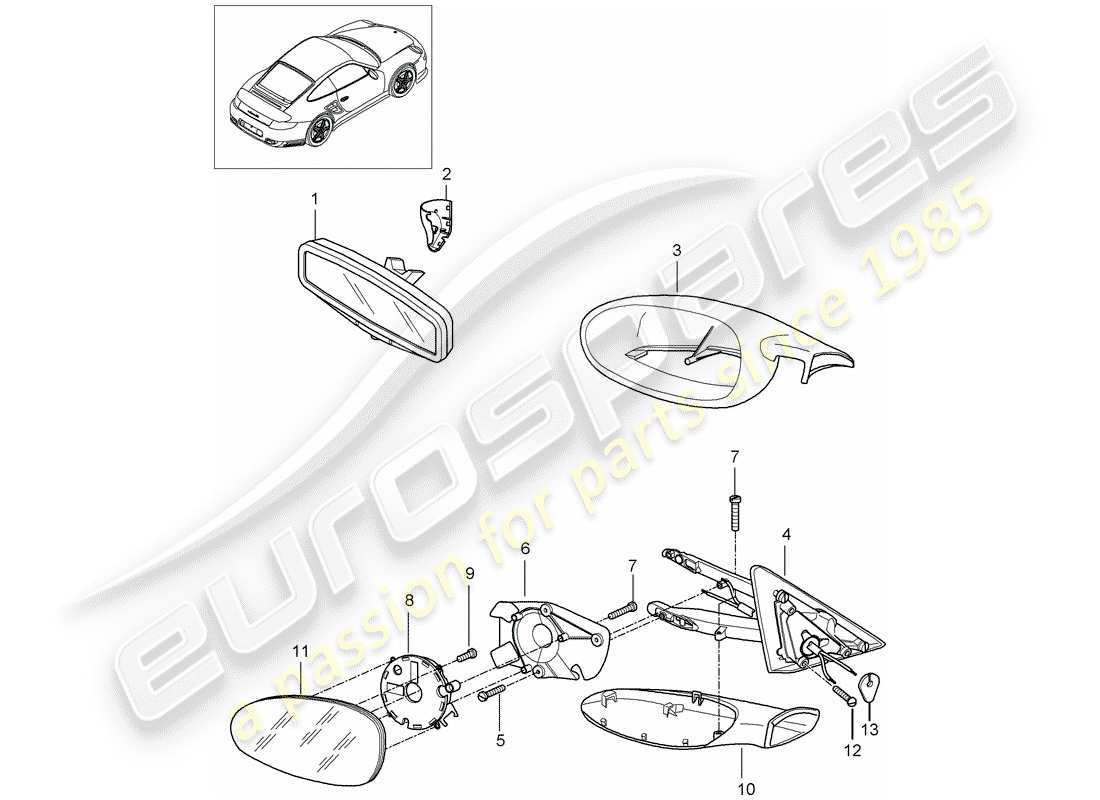porsche 2008 (997-1 turbo / gt2) rear view mirror inner part diagram