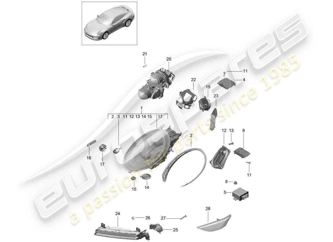 porsche 2014 (991-1 turbo) headlamp part diagram