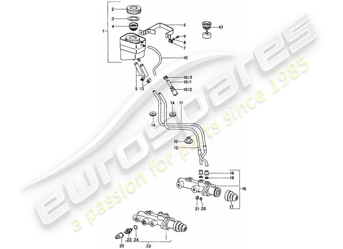 porsche 911 turbo (1977) brake master cylinder - for cars without - brake booster part diagram