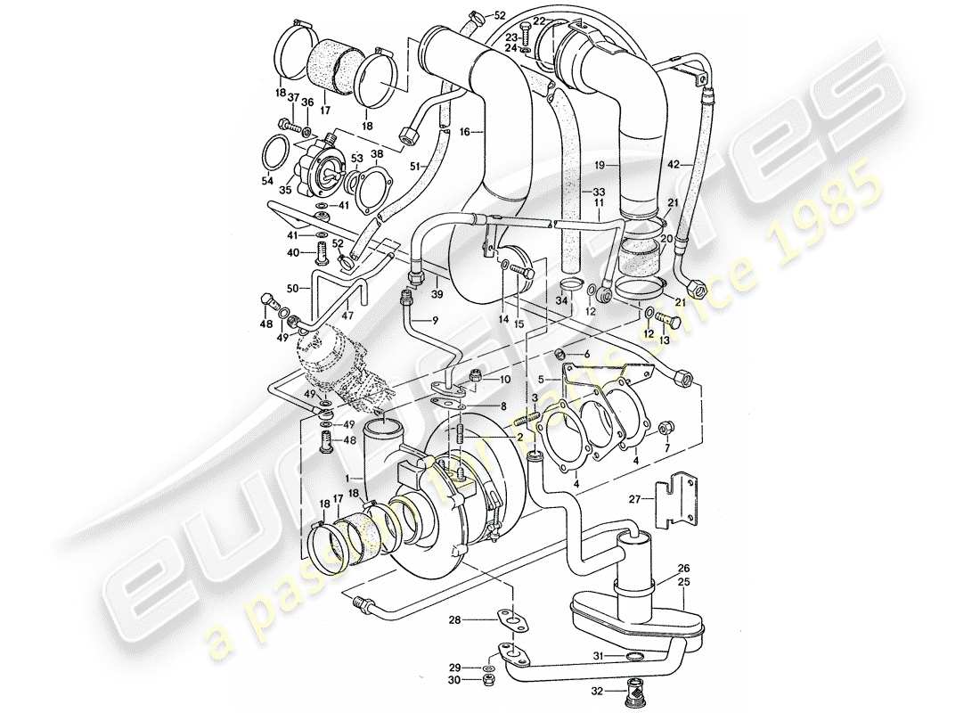 porsche 1975 (911 turbo) exhaust gas turbocharger - and - bypass valve part diagram