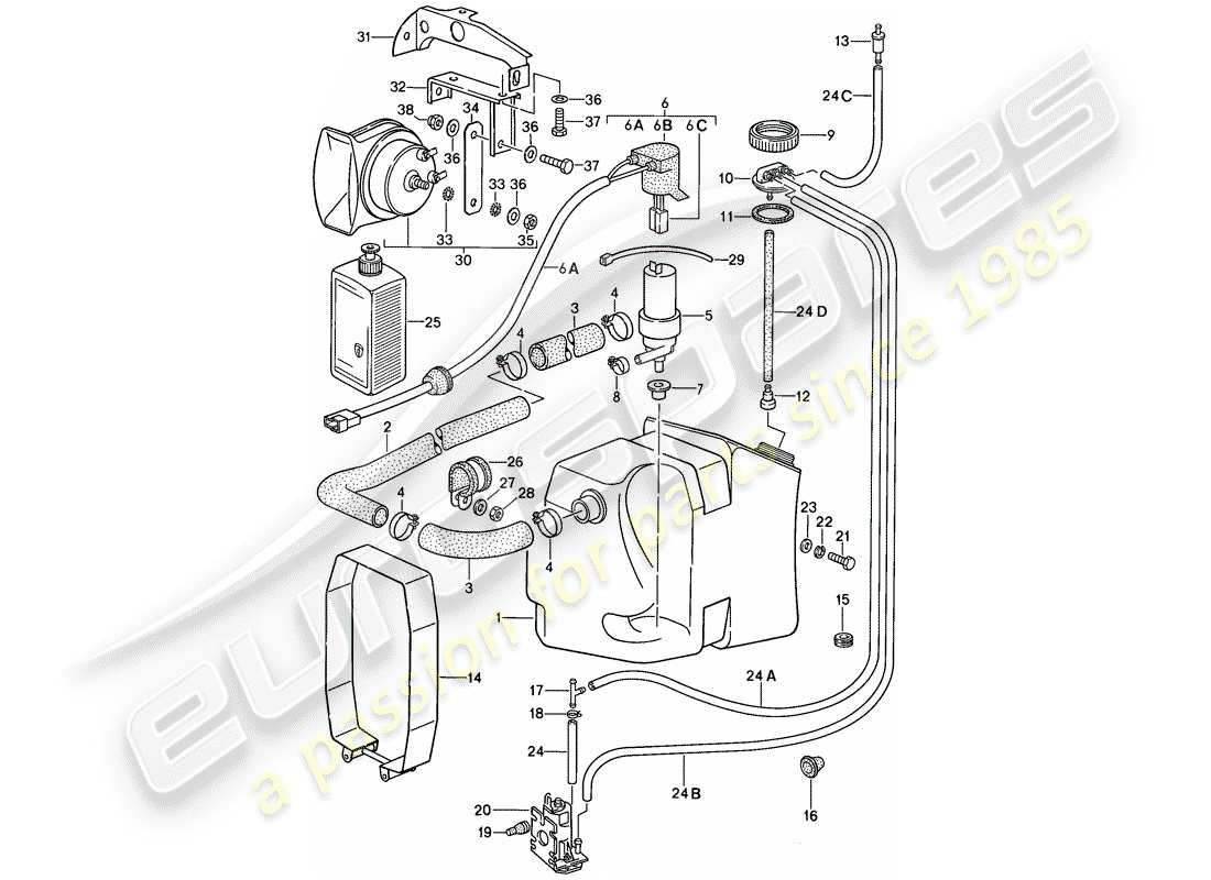 porsche 911 (1989) special model - flatnose design - windshield washer unit - horn parts diagram