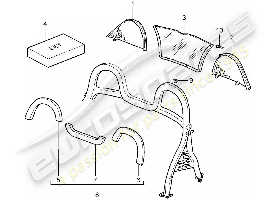 porsche boxster 986 (1999) windscreen - and - trims - roll bar part diagram