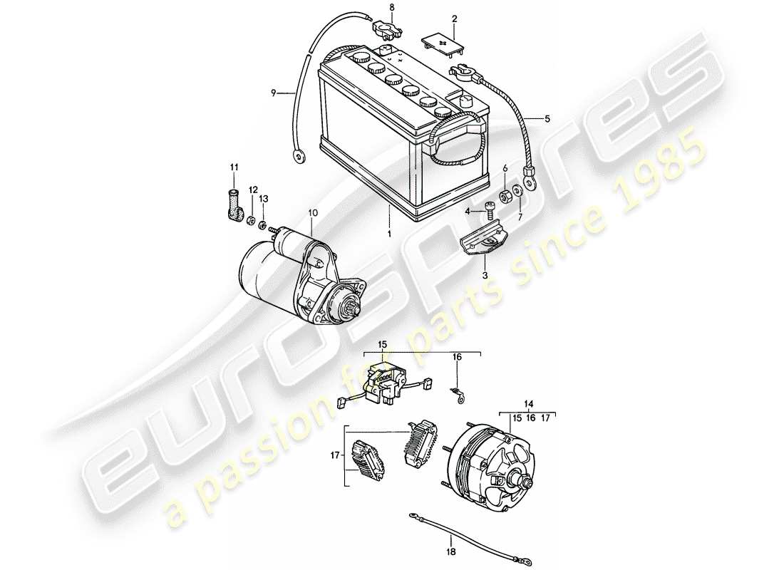 porsche 911 (1989) battery - starter - alternator parts diagram