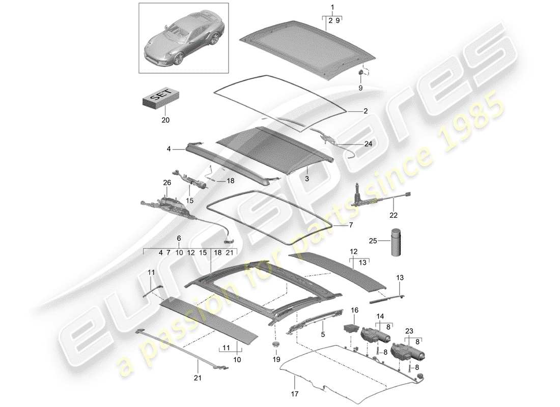 porsche 991 turbo (2020) glass roof parts diagram